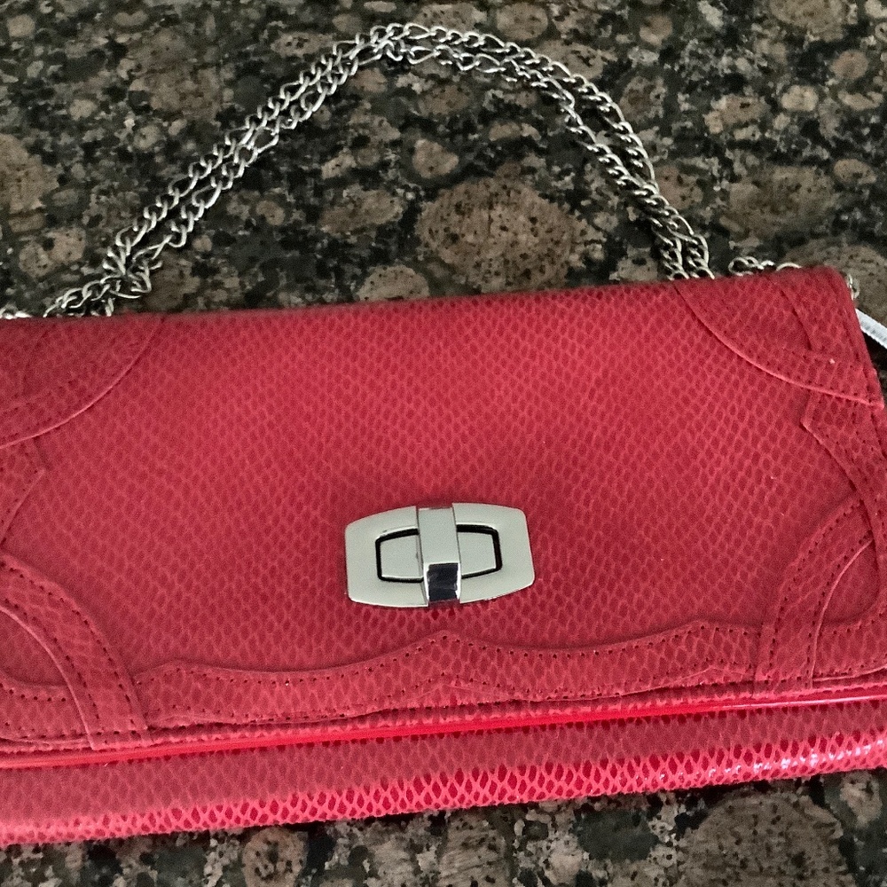 White House Black Market Red Clutch or Crossbody Purse with Chain NWT